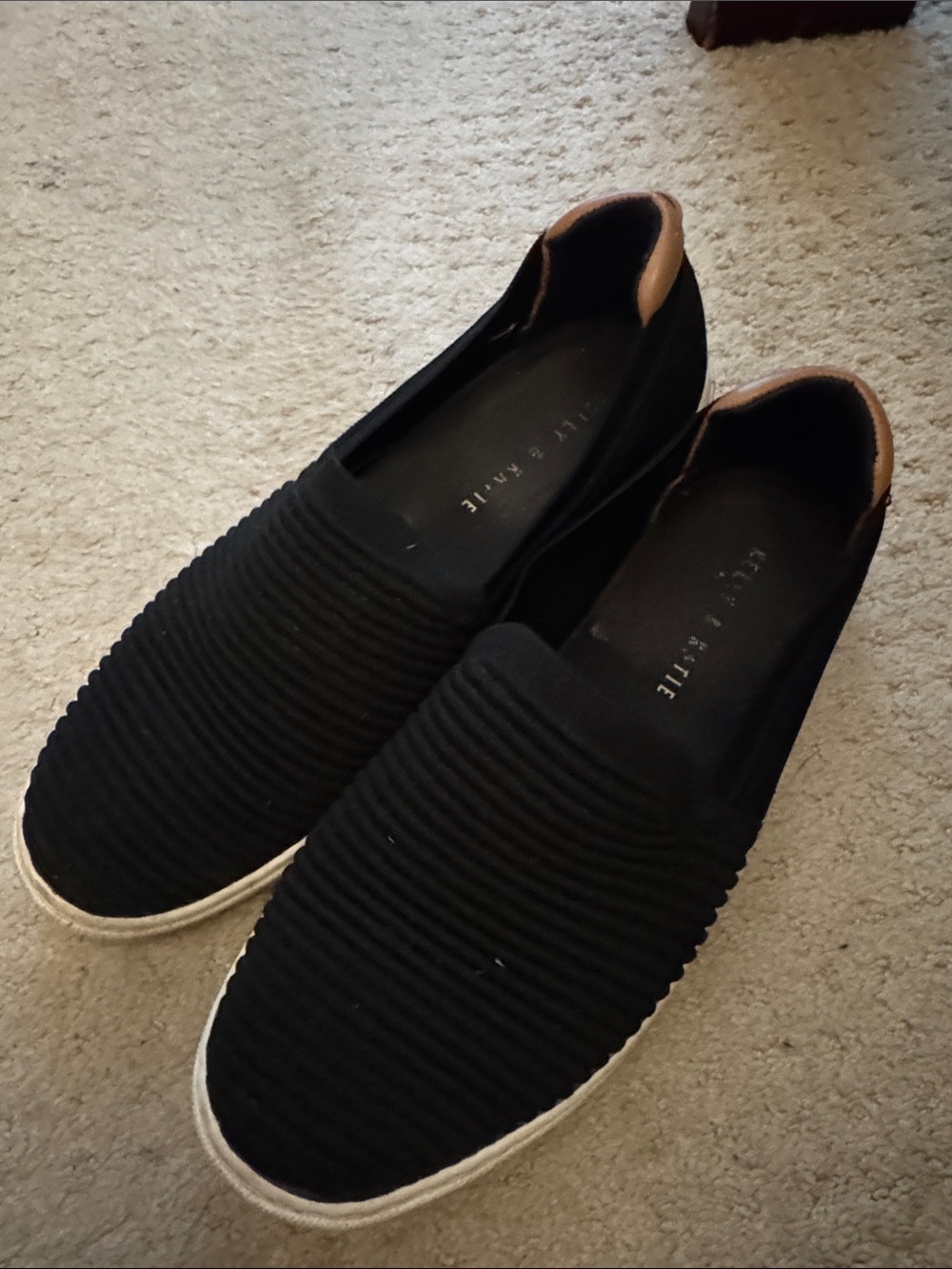 Black Slip-On Ribbed Canvas Shoes with Tan Heel Accent